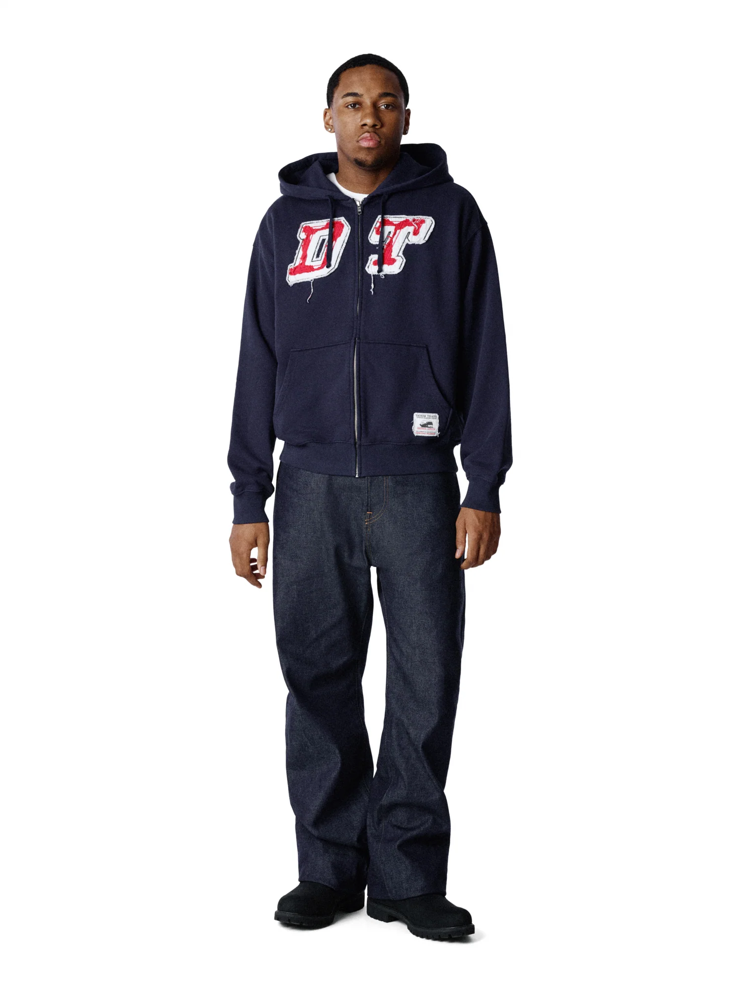 Distressed Tackle Twill Zip Up Hoodie Navy